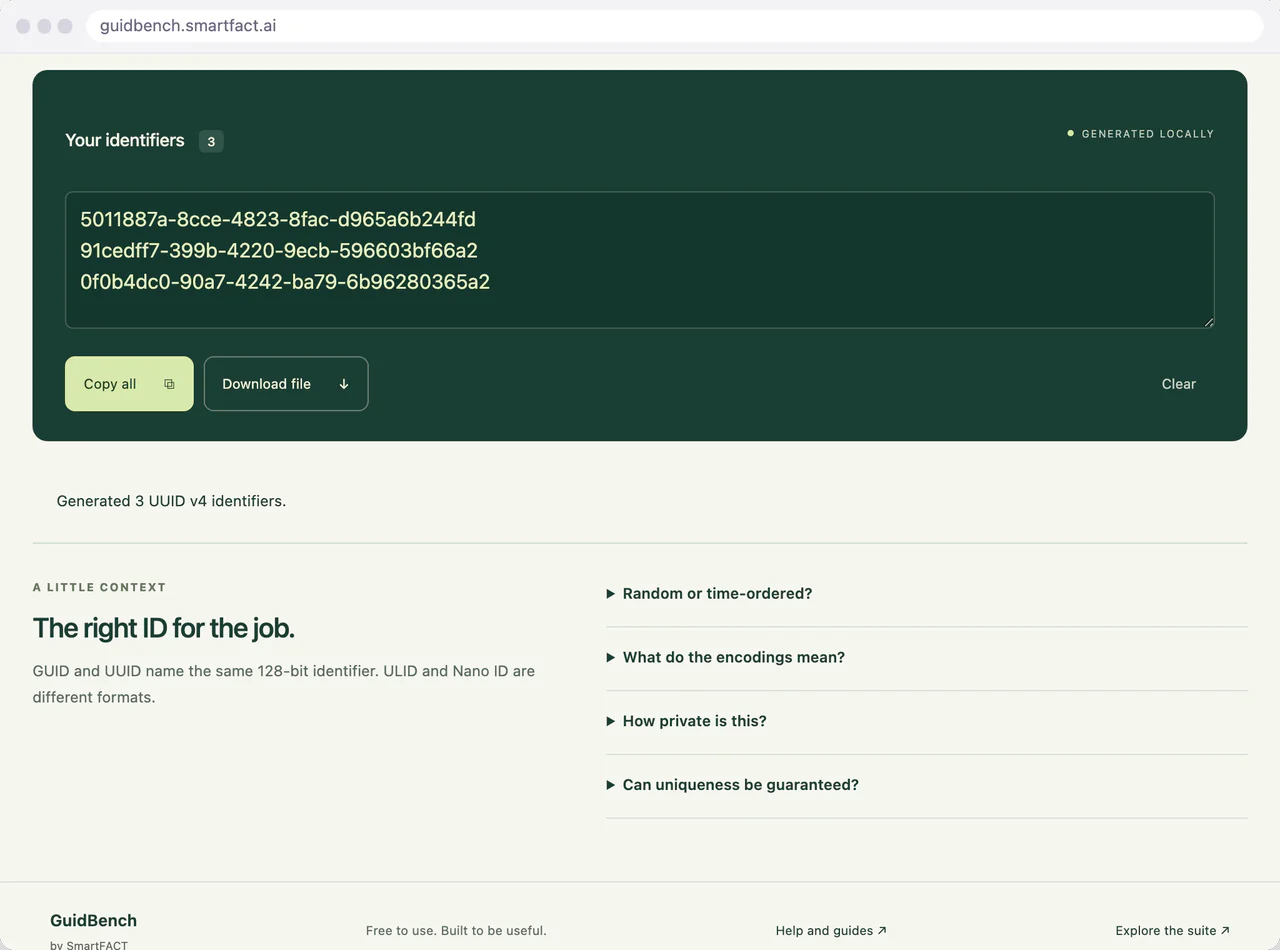 Three UUID v4 identifiers generated in GuidBench.