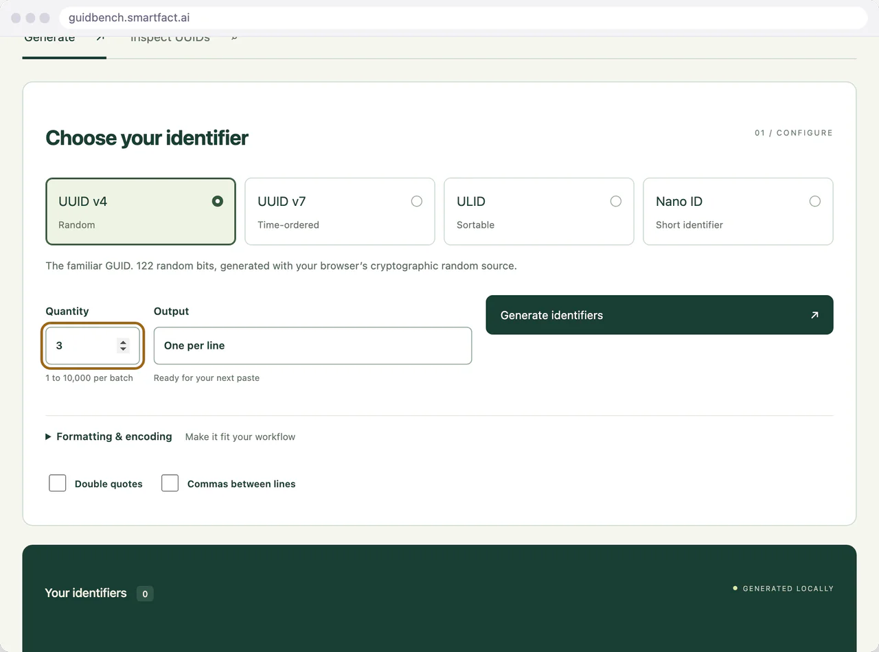 Quantity set to three identifiers.