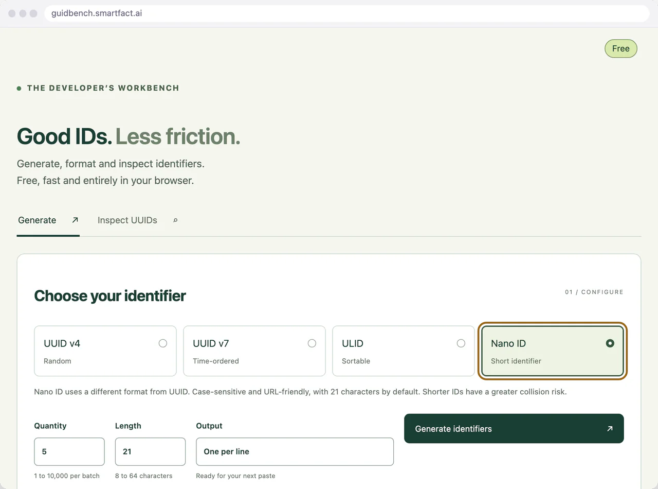 Nano ID chosen in the identifier selector.