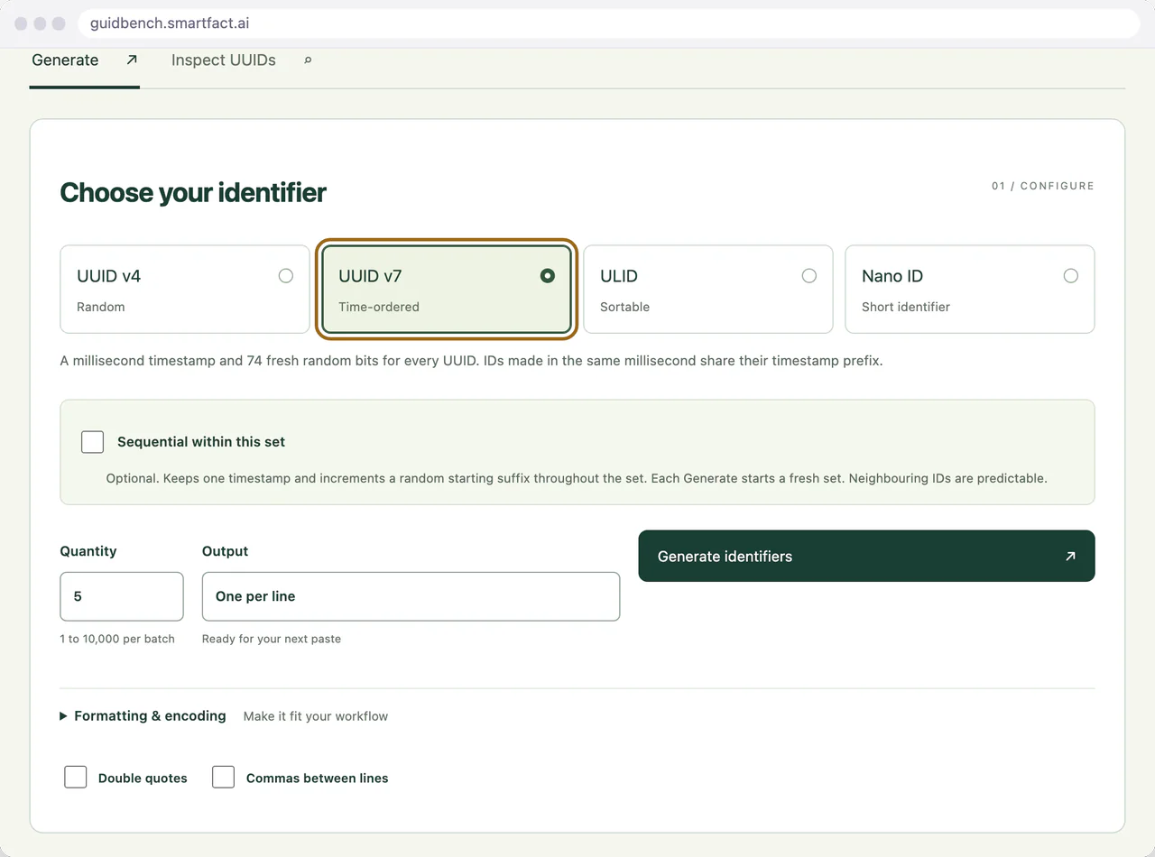 UUID v7 selected in the generator.