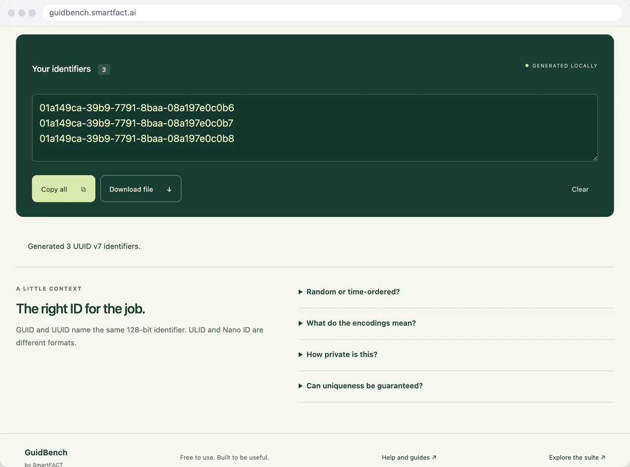 A generated UUID v7 set with sequential mode selected.