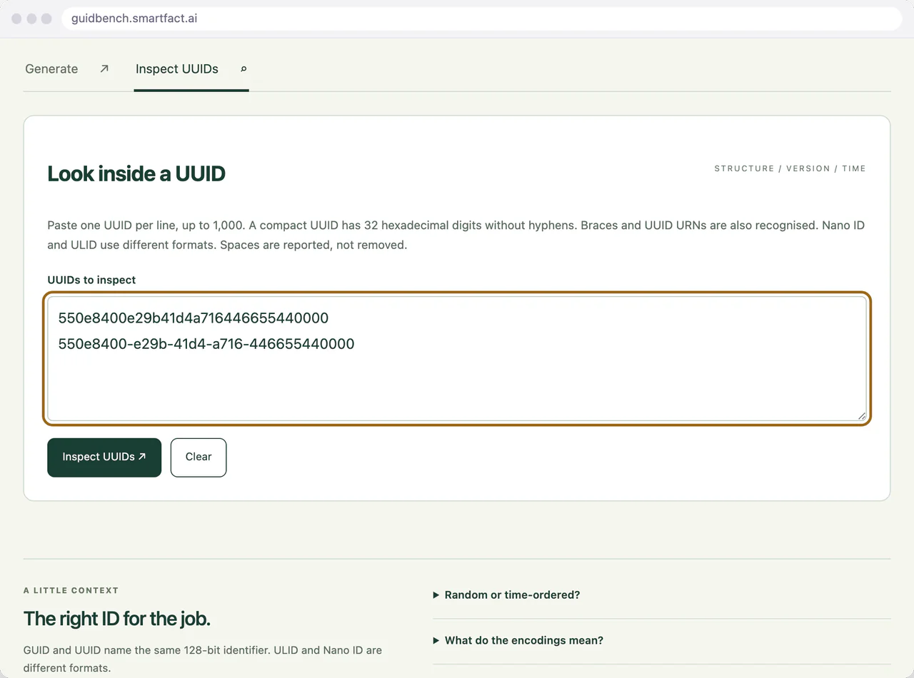 A compact UUID inspected without adding hyphens by hand.