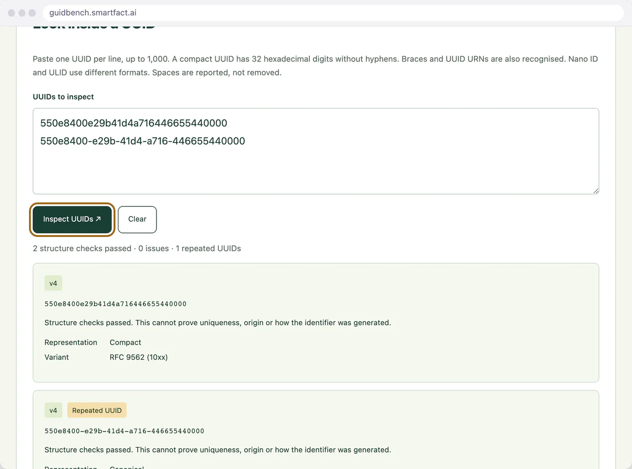 UUID inspection identifies a repeated canonical value.